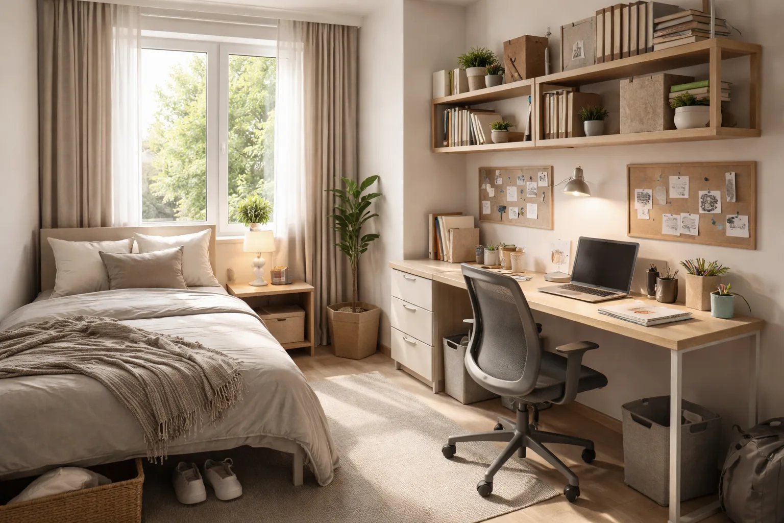 Kompakter Apartmentraum mit Lernbereich