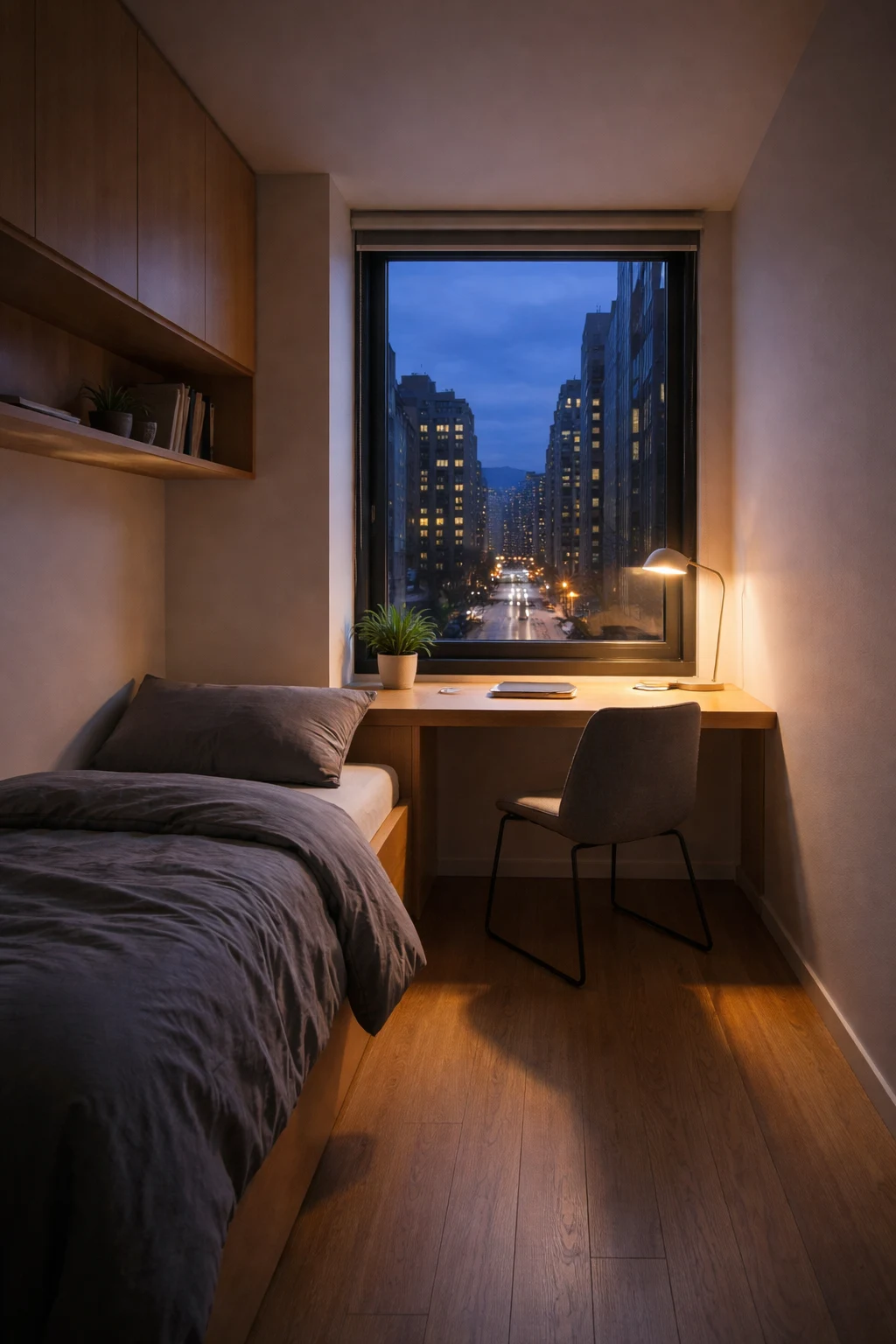 Modernes Micro-Apartment am Abend